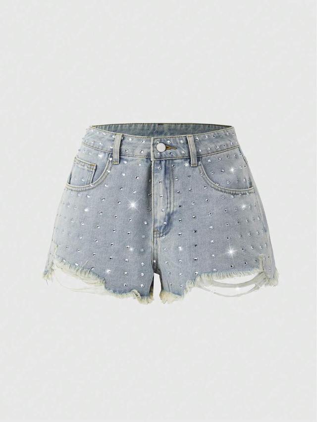 light wash denim shorts with crystal embellishments