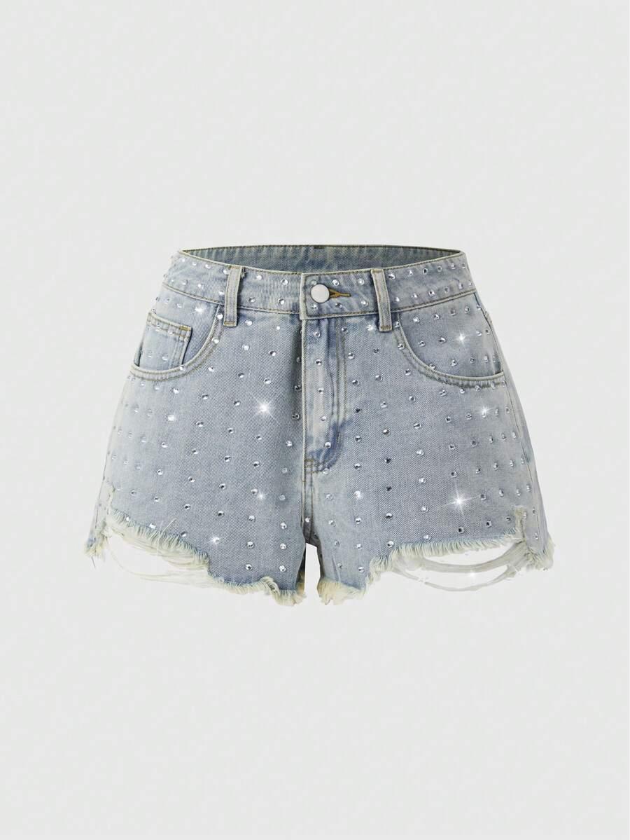 light wash denim shorts with crystal embellishments