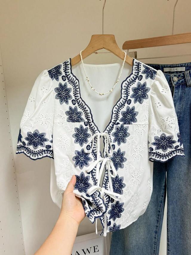 white and blue floral embroidered tie front blouse