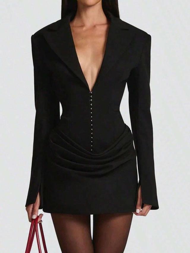 black deep v-neck bodycon mini dress with hook-and-eye