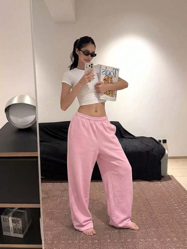 women's pink low-rise wide-leg lounge sweatpants