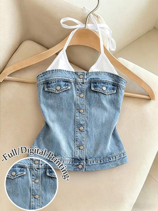 white resyla y2k denim print halter neck tube top