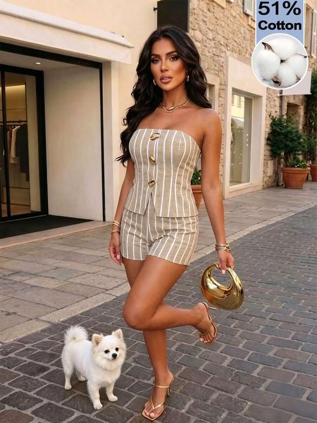 striped strapless crop top and matching shorts set