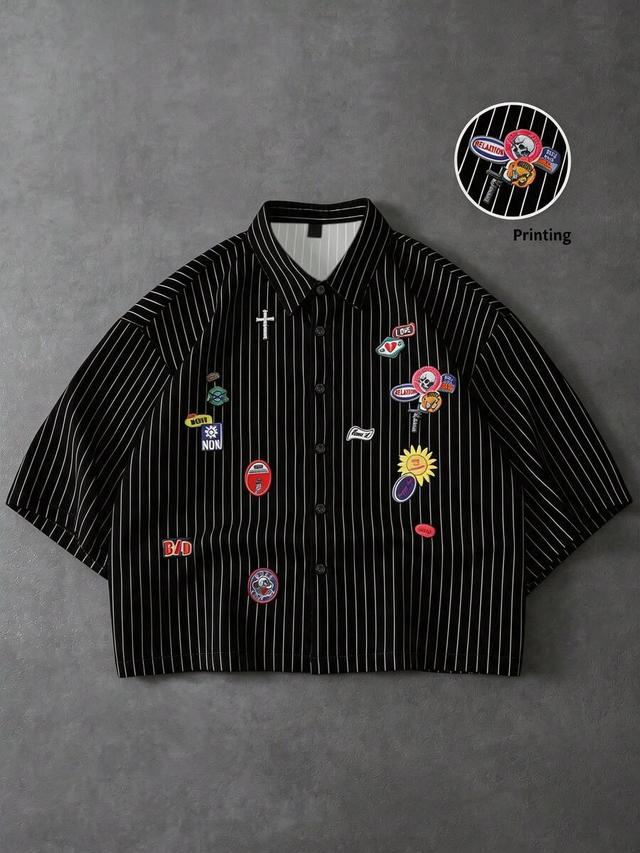 black striped short sleeve cropped streetwear shirt