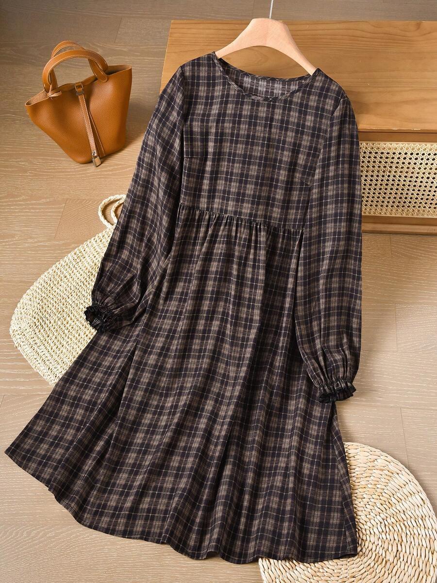 rusticease casual vintage grey plaid mid-length dress