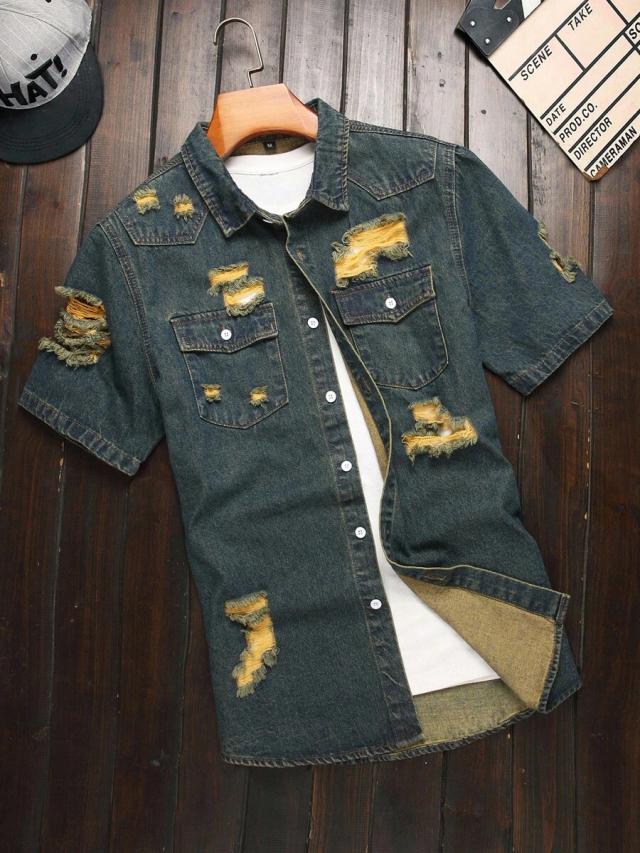 men's distressed acid washed denim short sleeve shirt