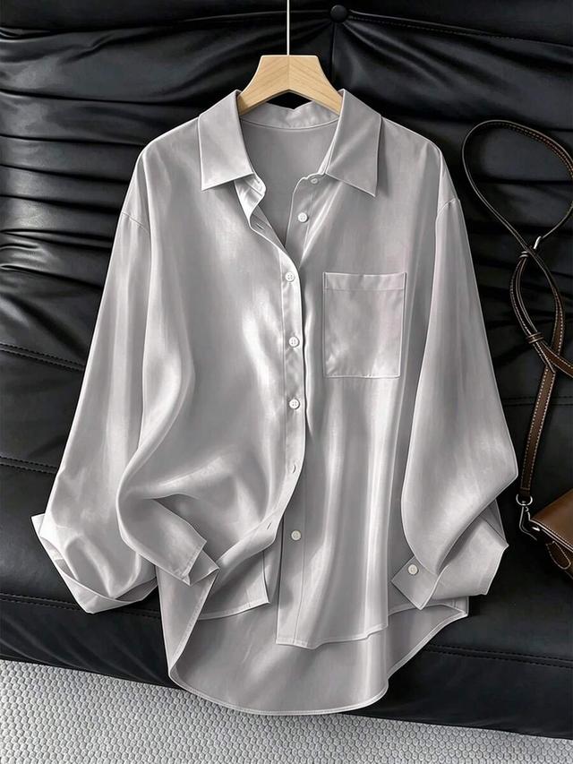 women's casual loose long sleeve satin shirt