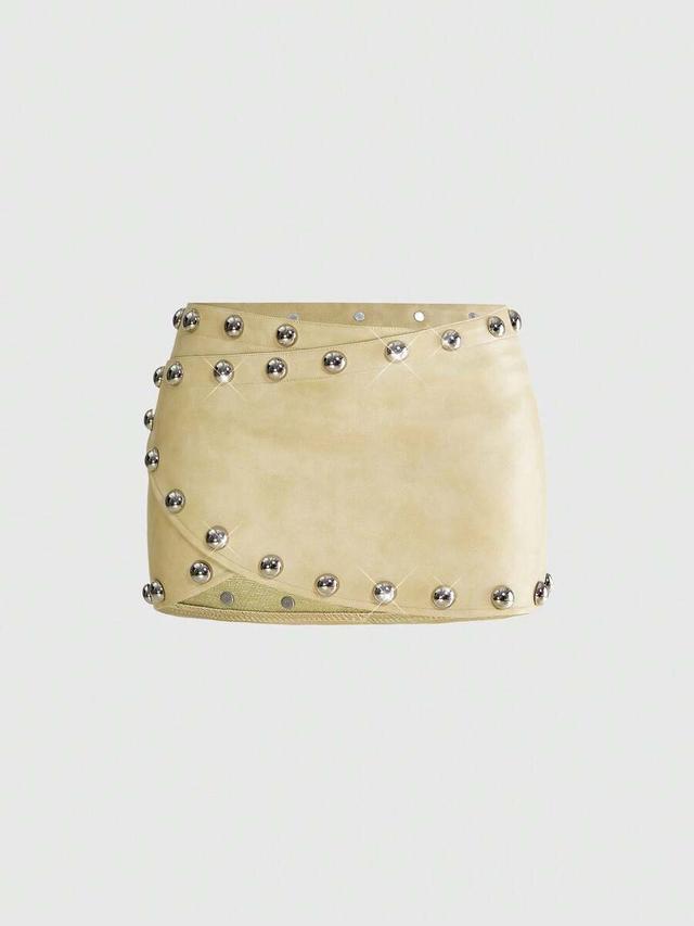 rivet decor layered waist washed mini skirt