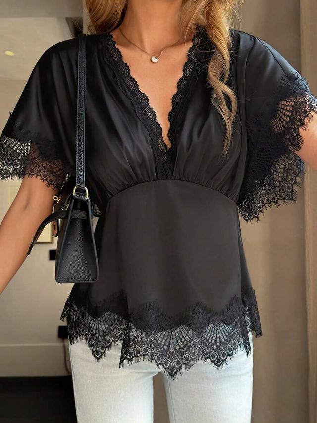 elegant french lace and satin v-neck batwing top