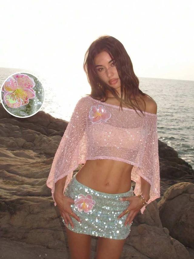 mint green sequin mini skirt with 3d flower