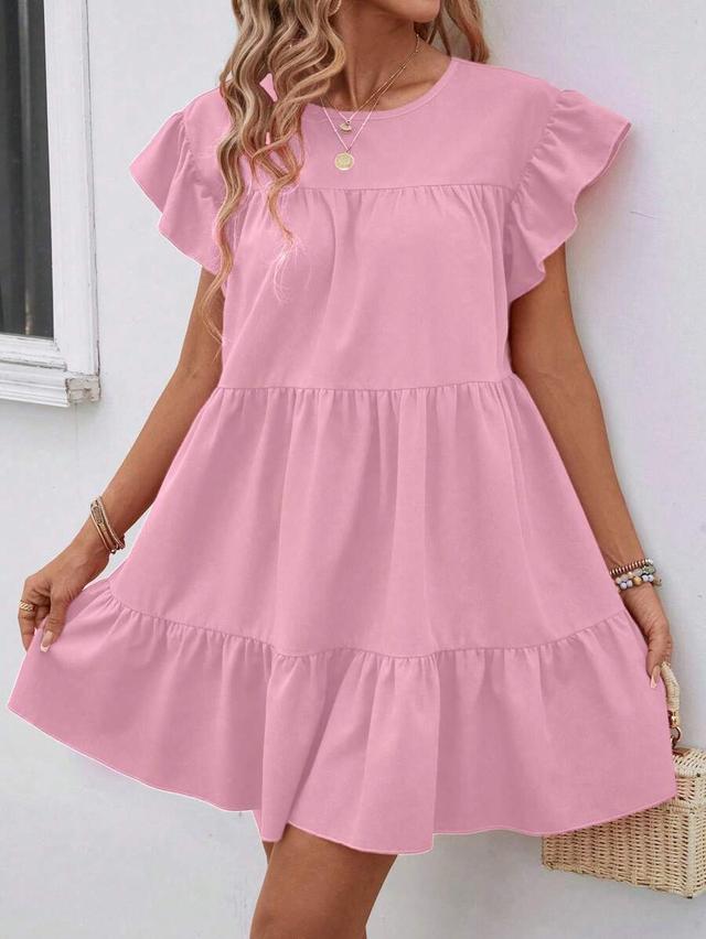 pink tiered ruffle sleeve cotton shift dress