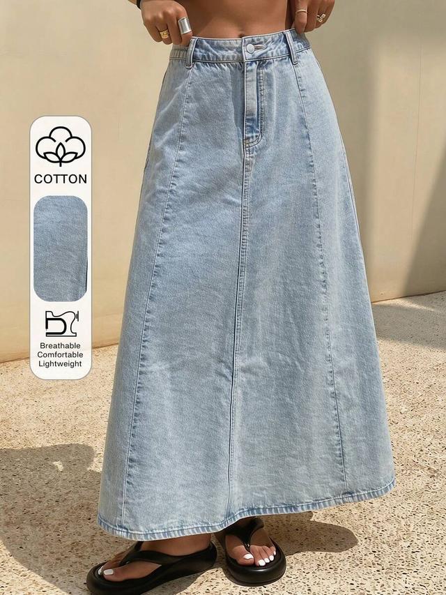 light wash denim midi skirt with panel construction