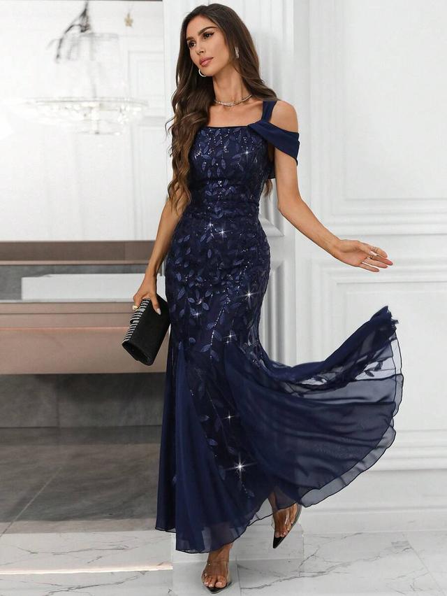 navy blue sequin leaf mermaid evening gown
