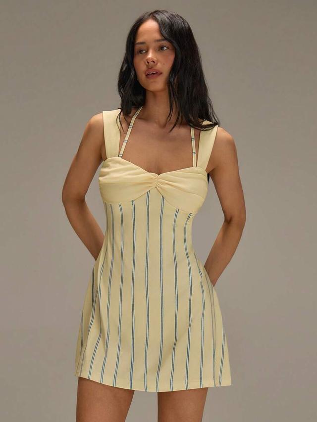 pale yellow striped mini dress with sweetheart neckline