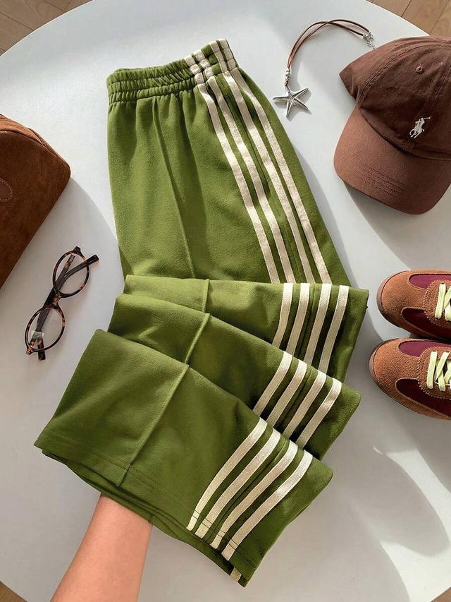 women's green contrast striped side wide leg sweatpants