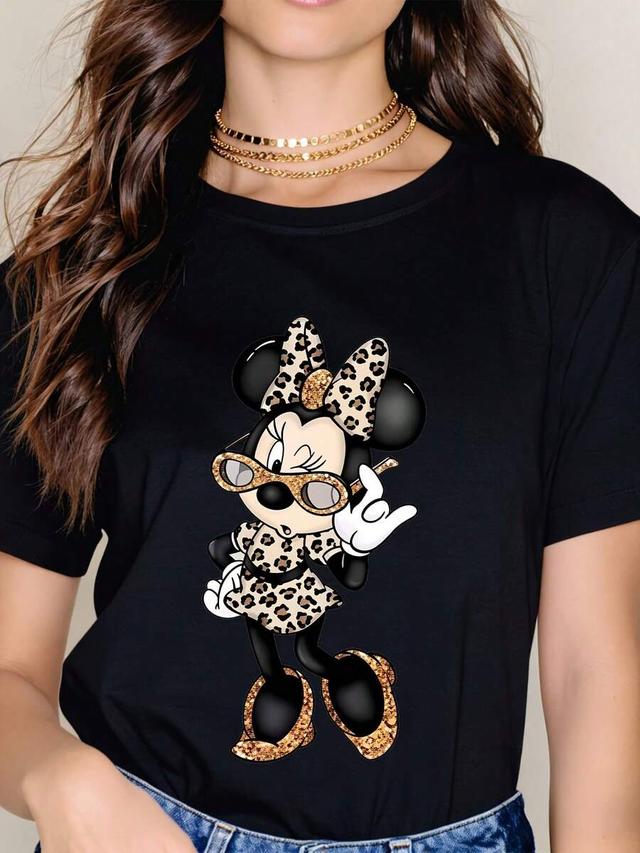 minnie mouse leopard print graphic black cotton t-shirt