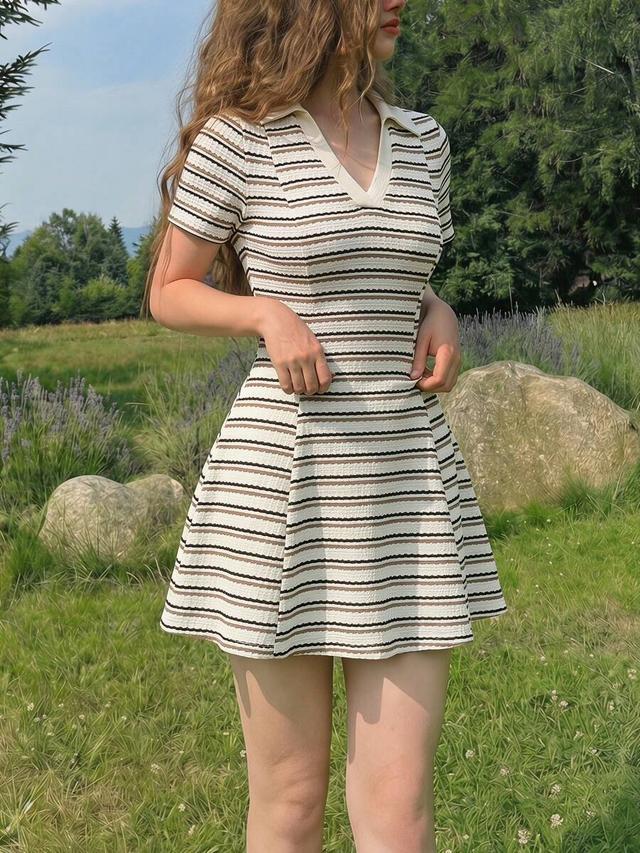 blue and white striped ruffle collar knitted mini dress