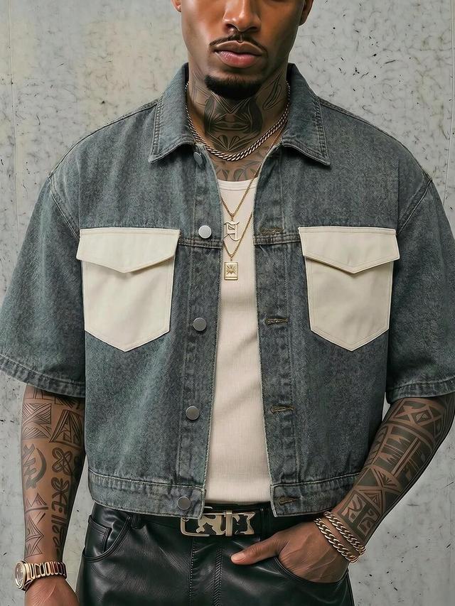 axepeak men's colorblock utility pocket denim shirt