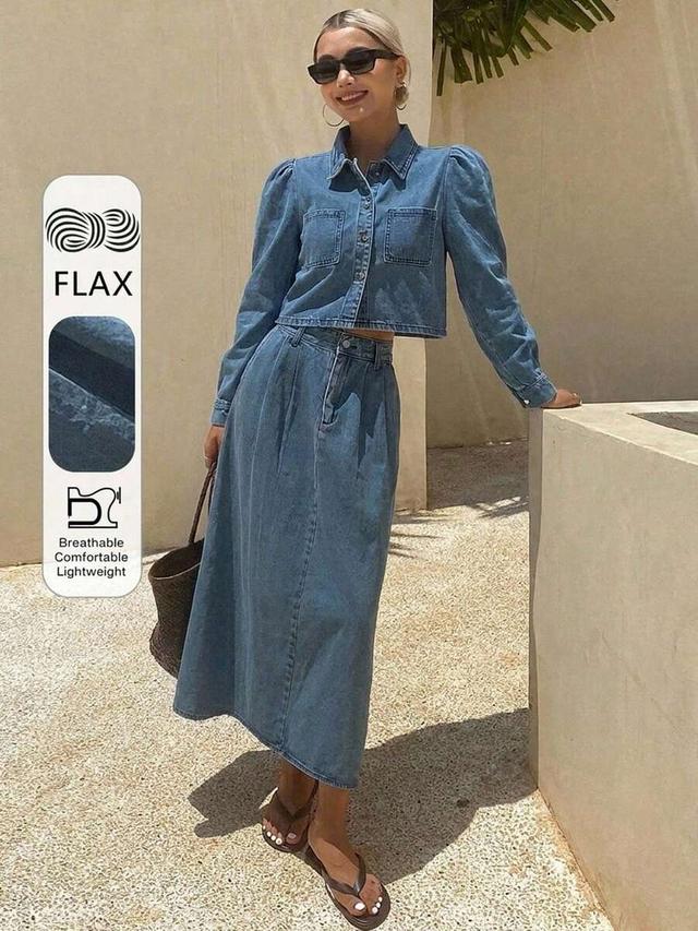 denim coord set with puff sleeve jacket and skirt