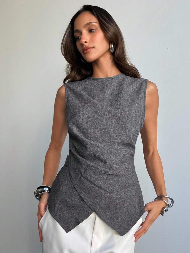 charcoal gray linen blend sleeveless criss-cross waist blouse