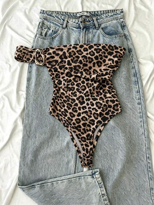 leopard print one shoulder bandeau bodysuit