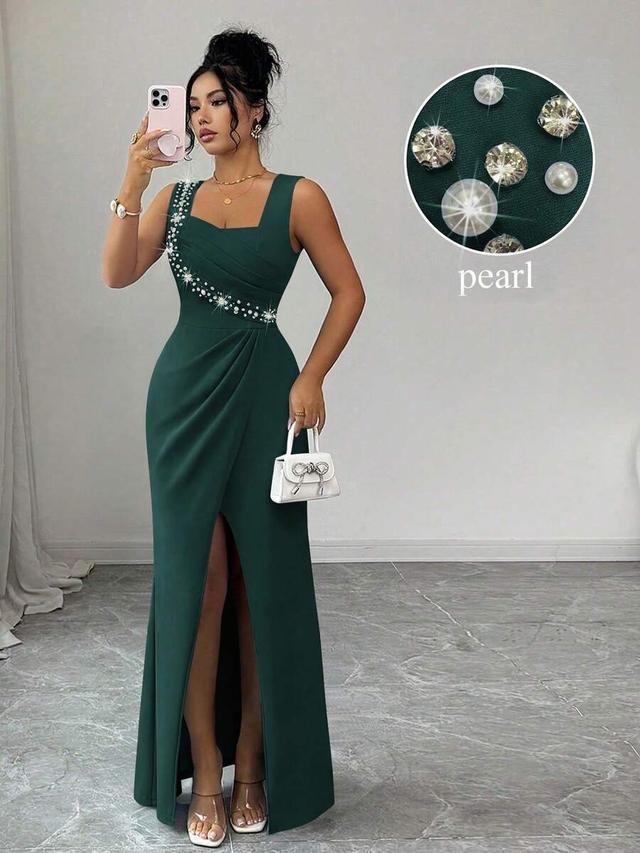 emerald green sleeveless square neck pearl embellished slit dress