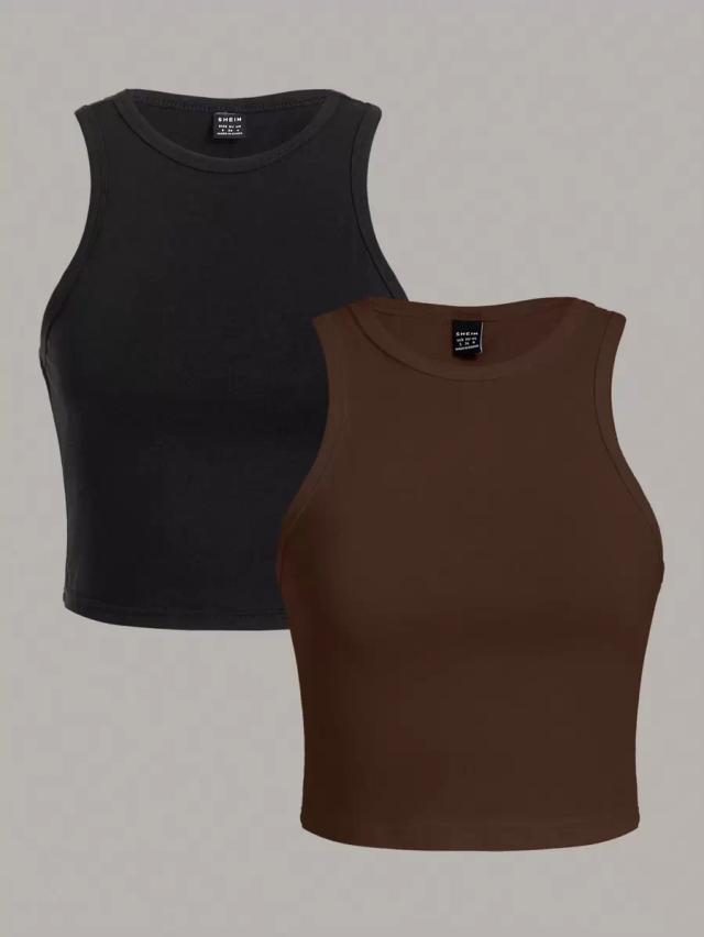 black casual crew neck cropped slim-fit tank top