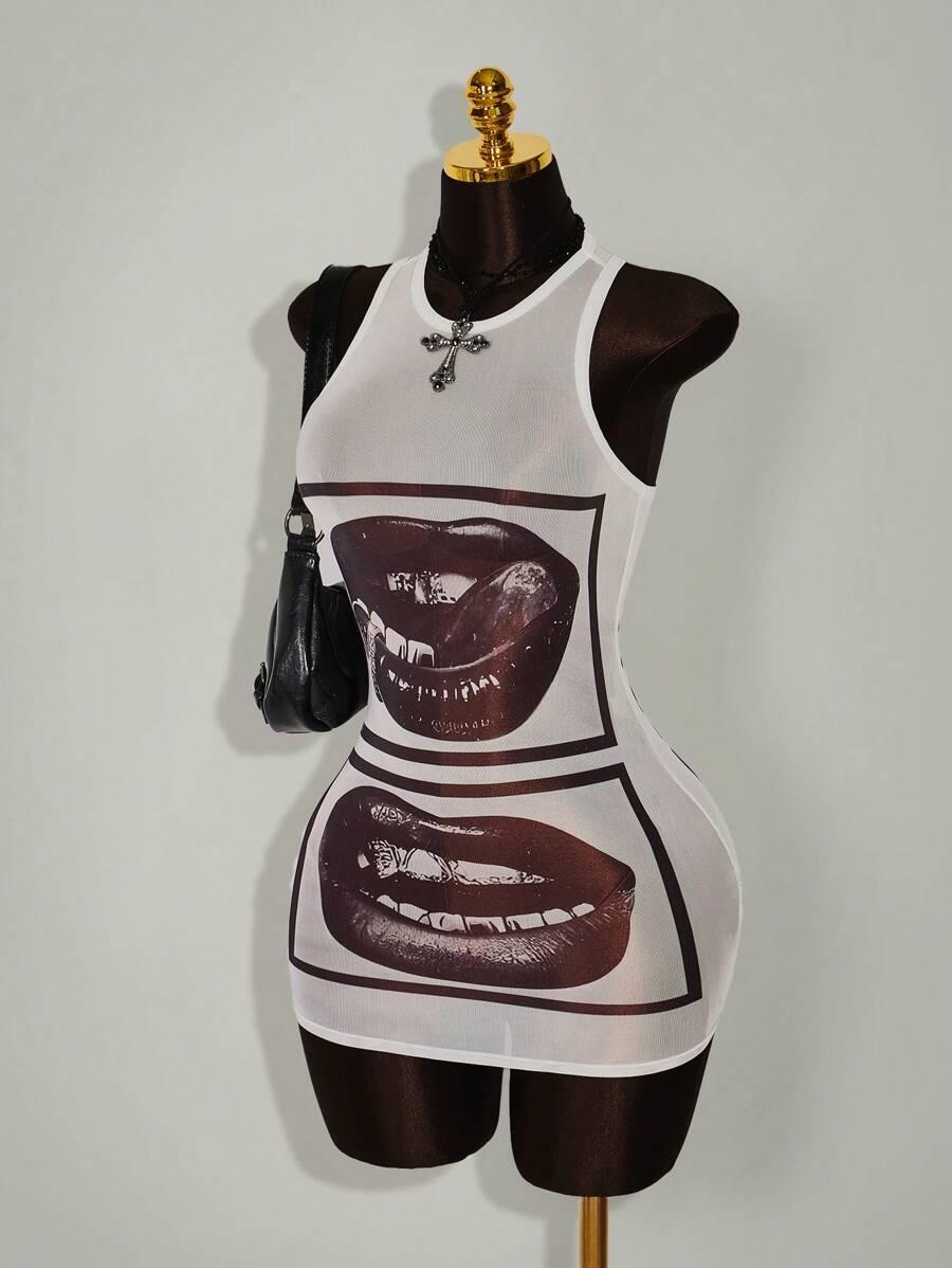 white mesh graphic print bodycon mini dress