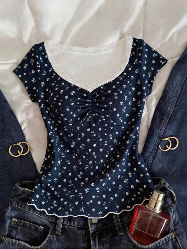 navy floral print lace trim v-neck ruched top