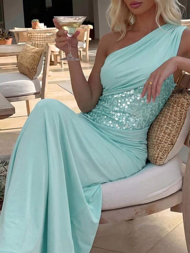 mint green one-shoulder sequin embellished evening dress