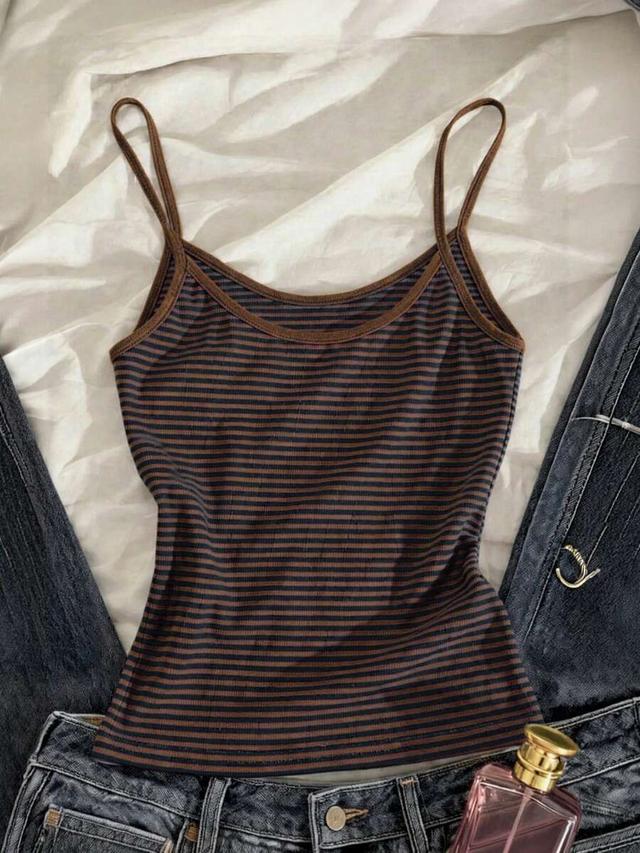 brown and blue striped ribbed camisole