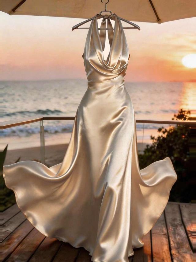 champagne elegant champagne satin draped cowl neck formal dress