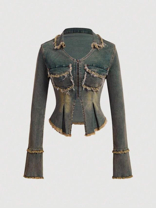 distressed denim zip-up jacket with peplum hem