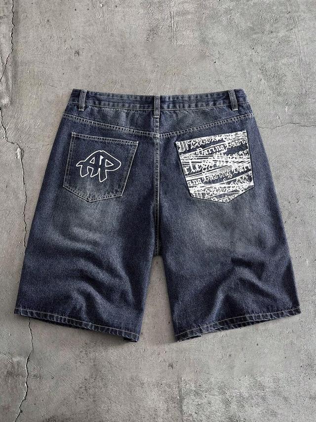 blue men's baggy denim shorts with printed back pockets