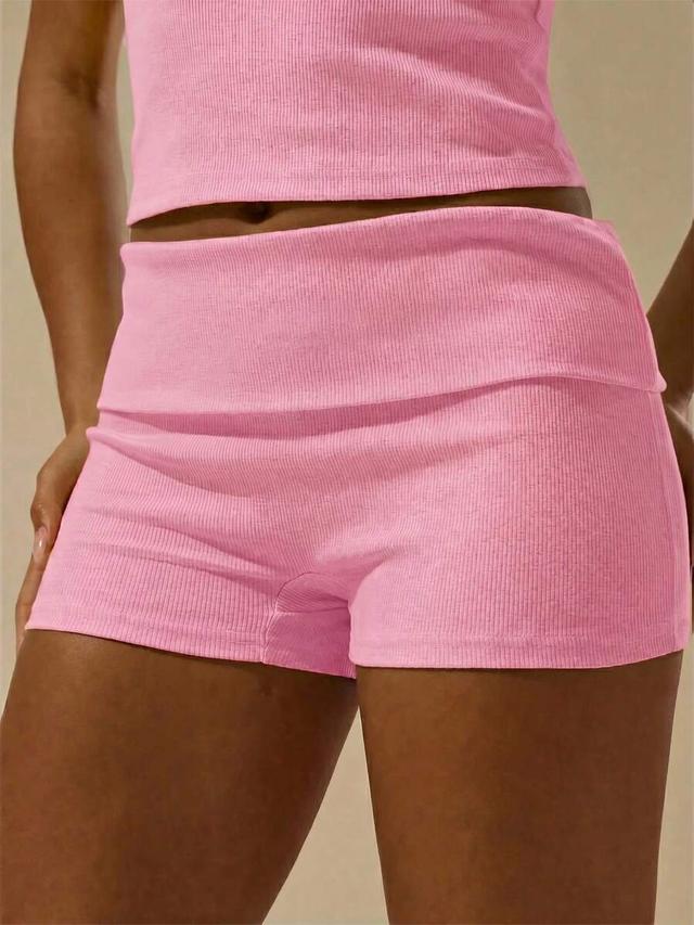 musera essentials pink rib fold over waist mini shorts