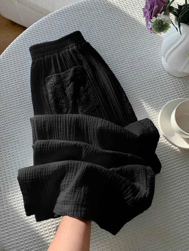casual black cotton gauze pants with lace side trim