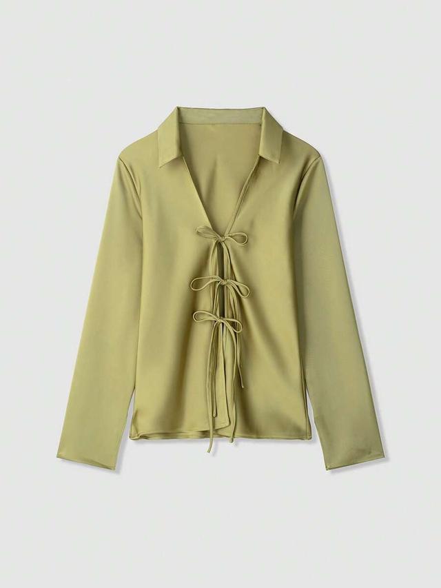 women's olive green tie front long sleeve blouse