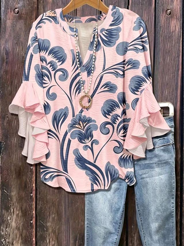 bohemian style vintage floral print ruffle sleeve blouse
