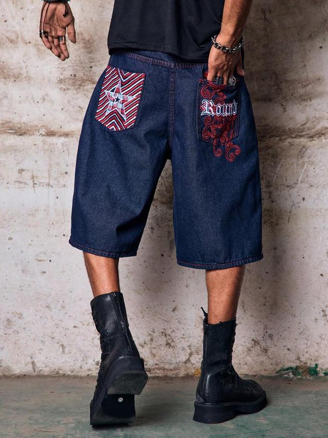 navy blue denim shorts with patchwork star embroidery