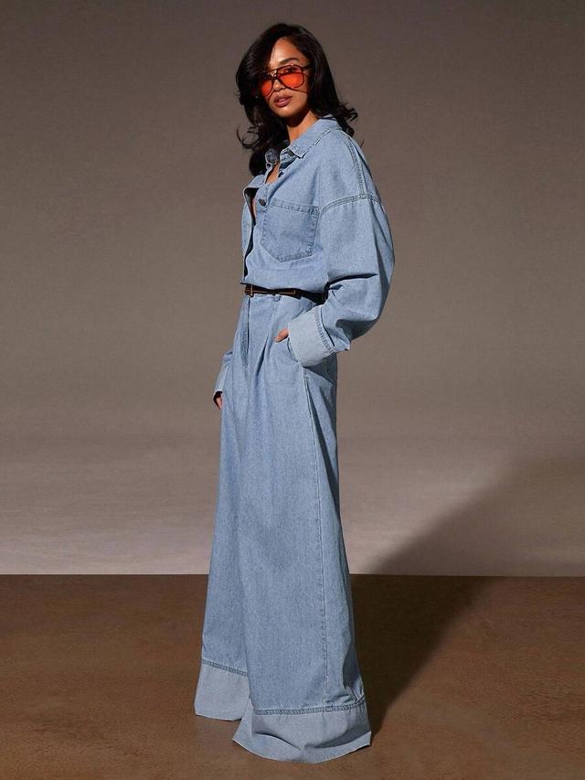 light wash denim wide leg jumpsuit