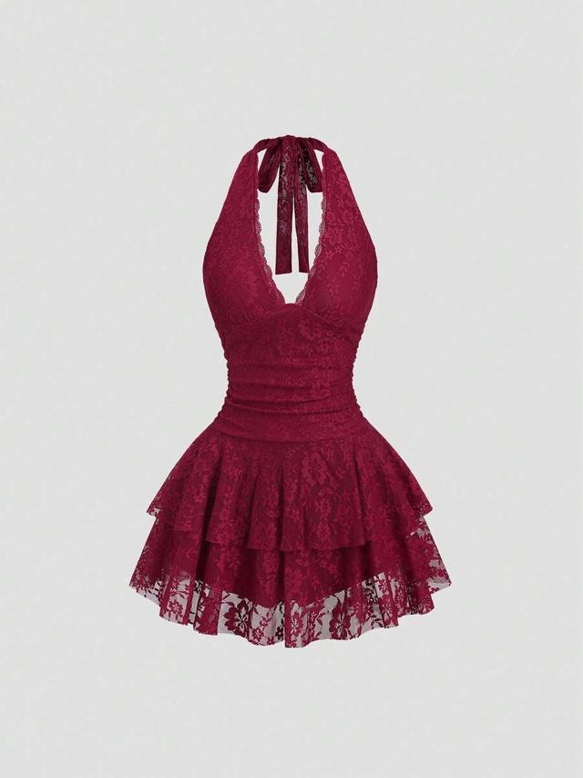 burgundy lace halter neck tiered mini dress