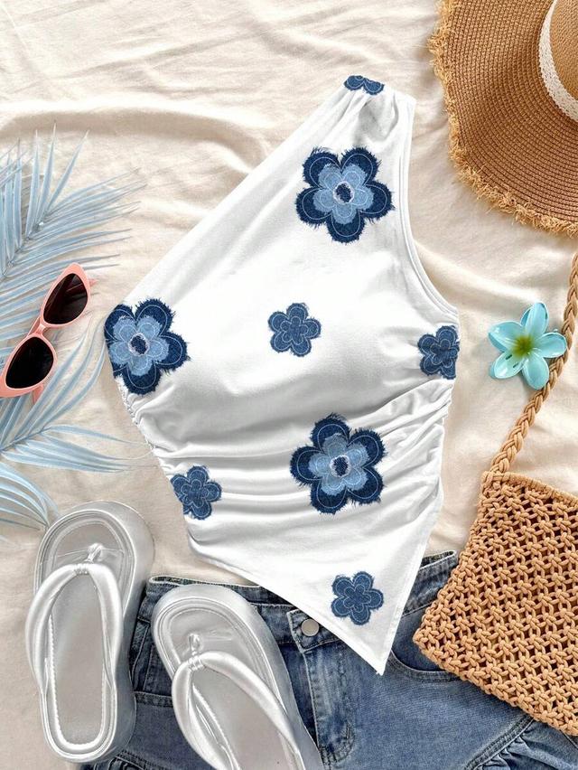 white floral print asymmetric hem one shoulder top