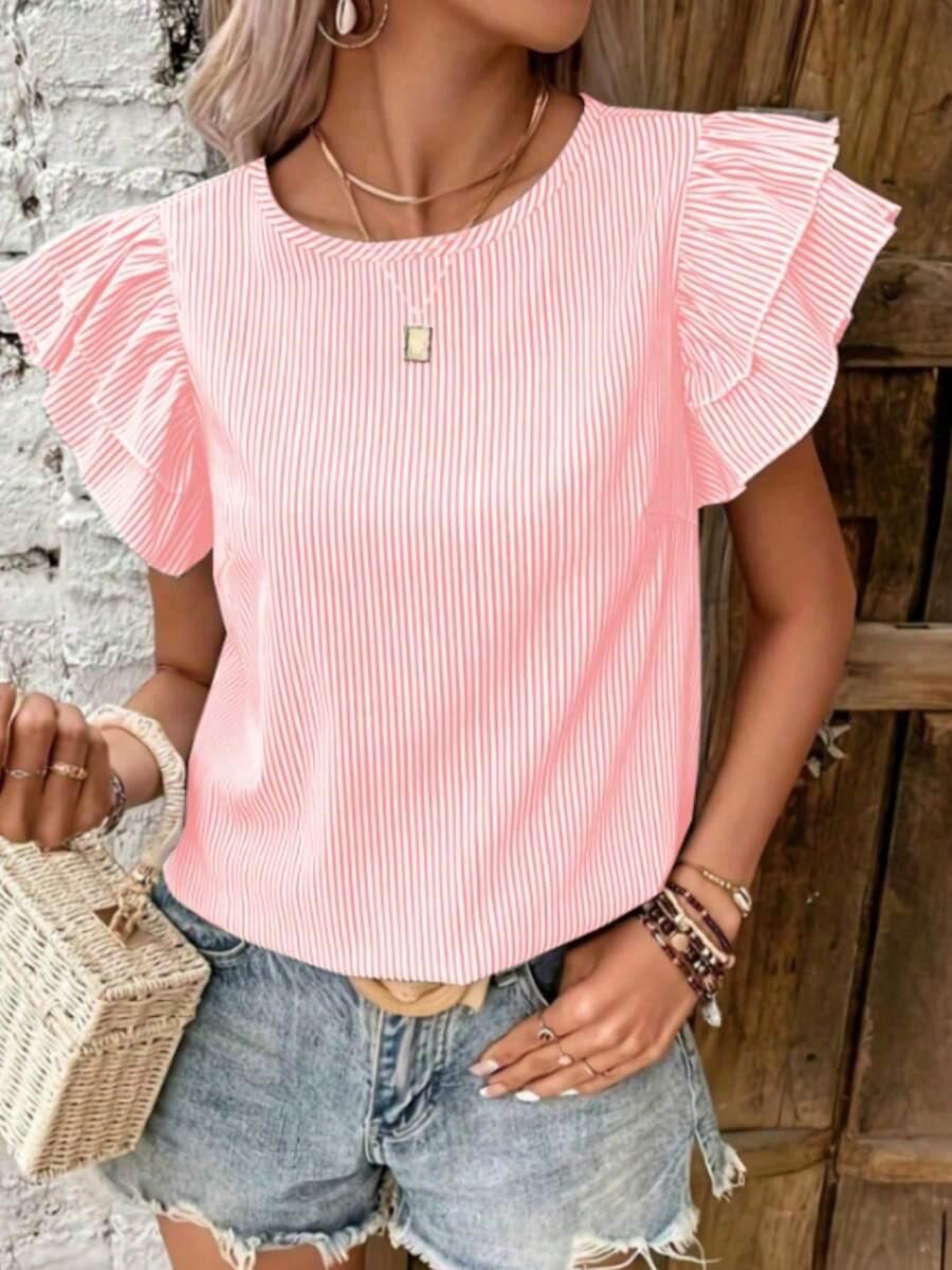pink striped ruffle sleeve round neck blouse