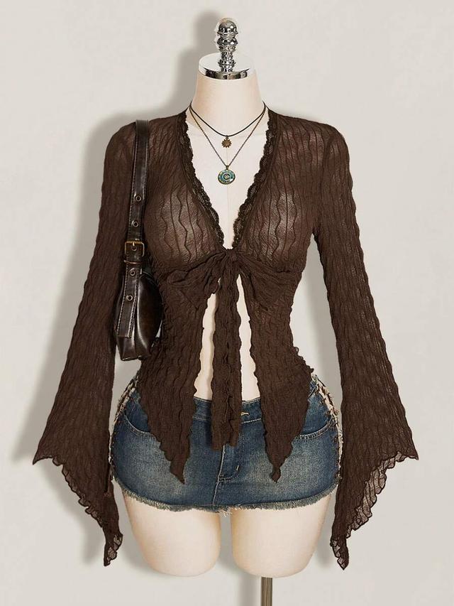 brown flocked mesh asymmetrical bell sleeve open front top