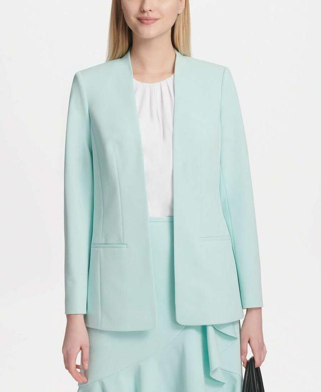 mint green collarless open front blazer