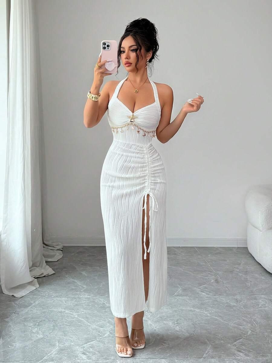 white pleated halter midi dress with charm detail