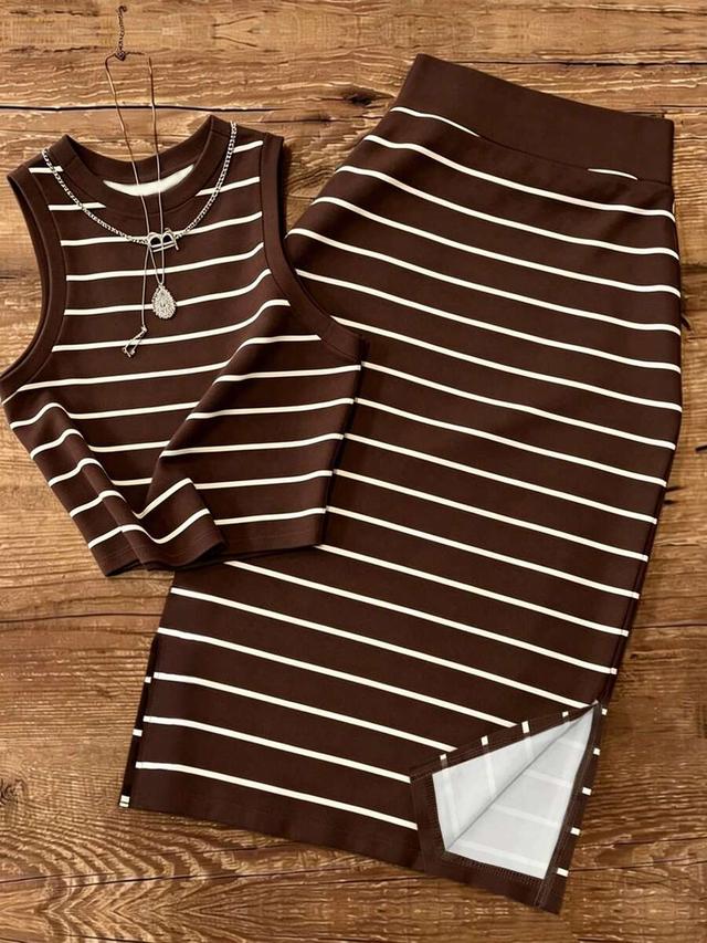 brown and white striped ribbed tank and skirt set