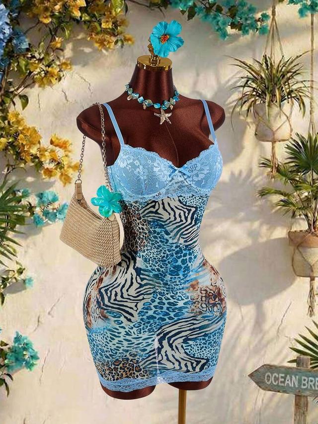 blue leopard print lace cup mesh mini dress