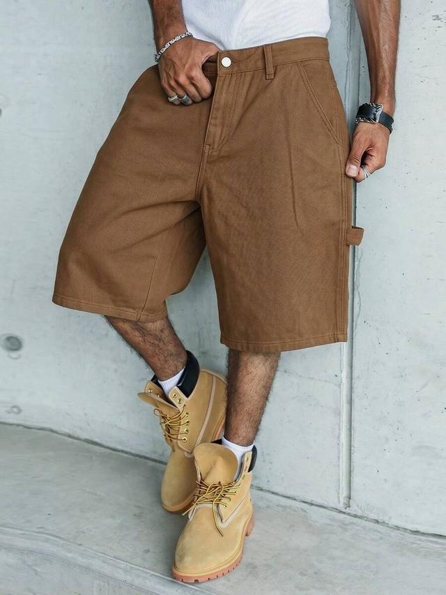 brown denim multi-pocket cargo shorts