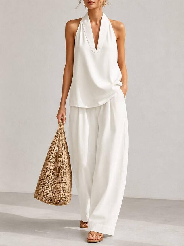 white linen halter top and wide leg trousers set